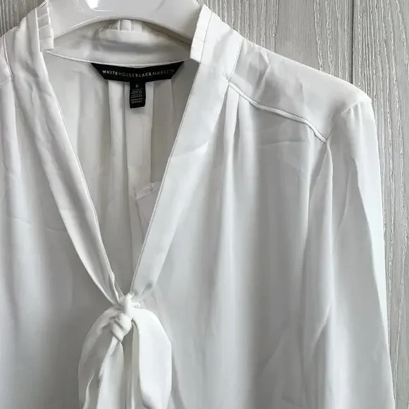 White House Black Market Tie Neck Long Sleeve Blouse Top White Size 6 NWT - Picture 2 of 6